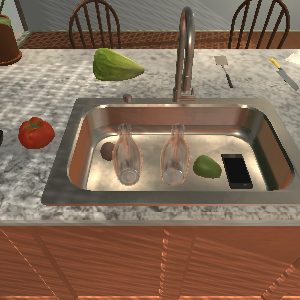 A simulated kitchen sink with a smartphone and two glass bottles in it