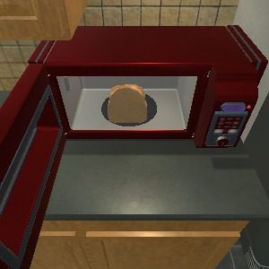 A simulated kitchen with a slice of bread inside a microwave